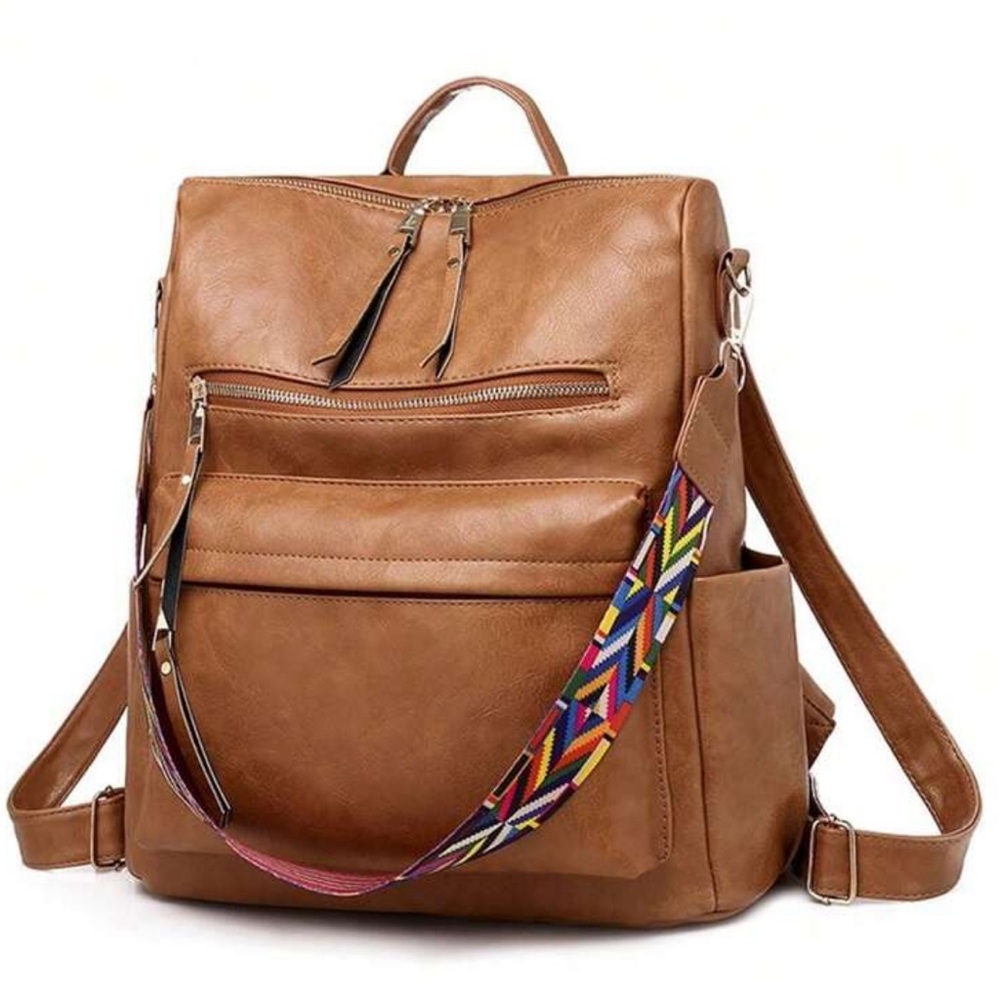 Luxe Vegan Leather Colorful Strap Backpack Shoulder bag - Picture 2 of 14